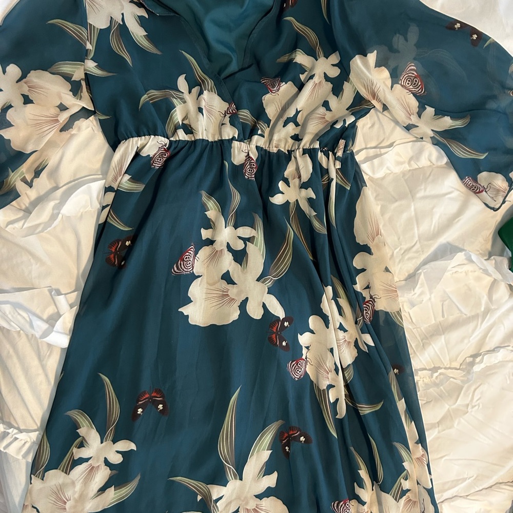 Floral Teal Dress with White and Brown Accents